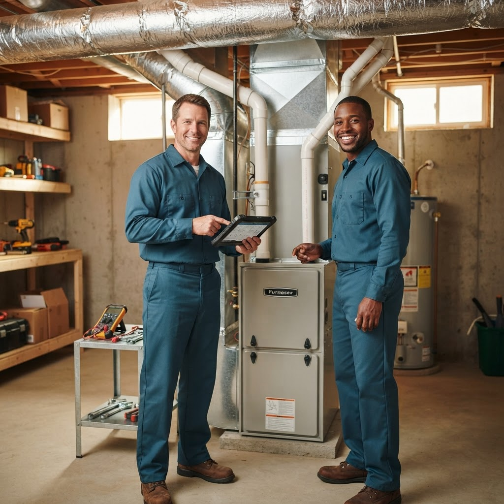 Two HVAC technicians standing beside a residential furnace