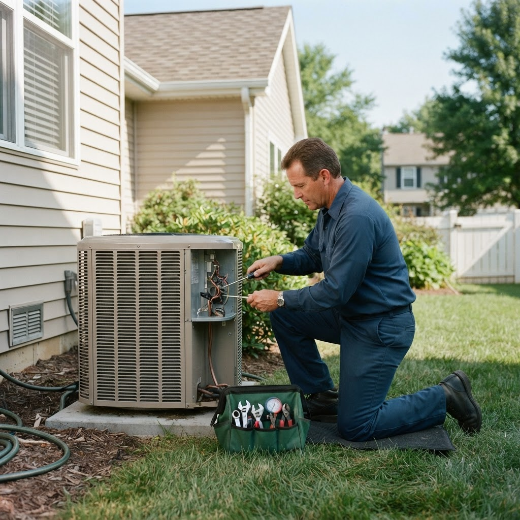 HVAC technician servicing an outdoor air conditioning unit at a suburban home